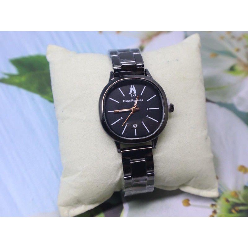 (Grosir)Jam Tangan Wanita Hush Puppies Bulat Tanggal Bawah Strap Rantai(Terima Cod)