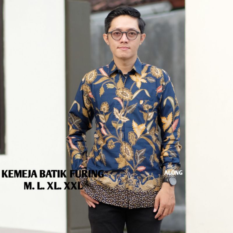PREMIUM HQ ATASAN KEMEJA BATIK PRIA COWOK FURING LENGAN PANJANG MOTIF BUNGA DAUN BIRU DONGKER NAVY N