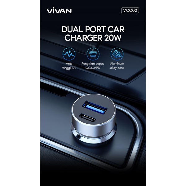 Vivan VCC02 Dual Port PD Fast Charging 20W Car Charger USB-C Cable