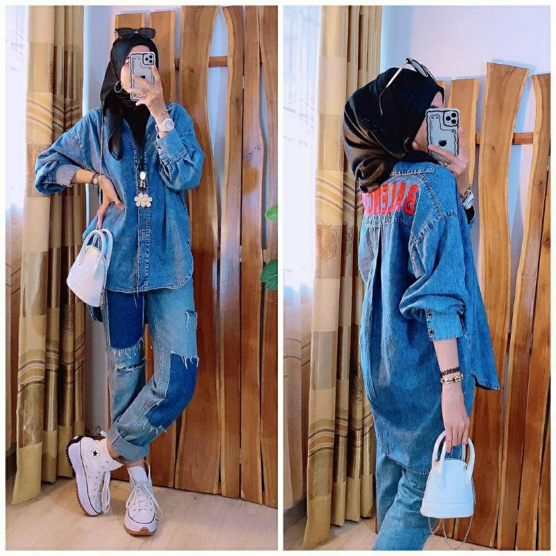 Kemeja Jeans BCG, KEMEJA JEANS WANITA JUMBO FIT XXL LD 122 BAHAN JEANS WASH IMPORT MIX BORDIR TERMURAH OOTD