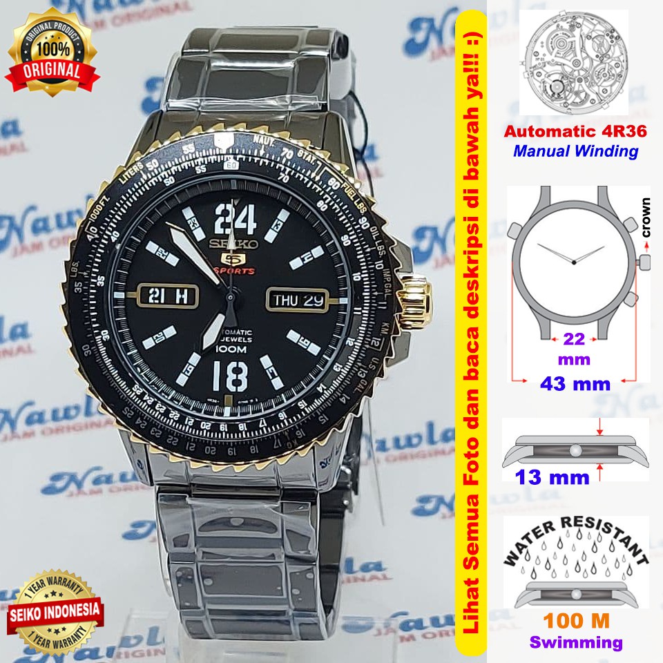 Seiko 5 Sports SRP356K1 Automatic Black-Gold Bezel } Jam Pria SRP356