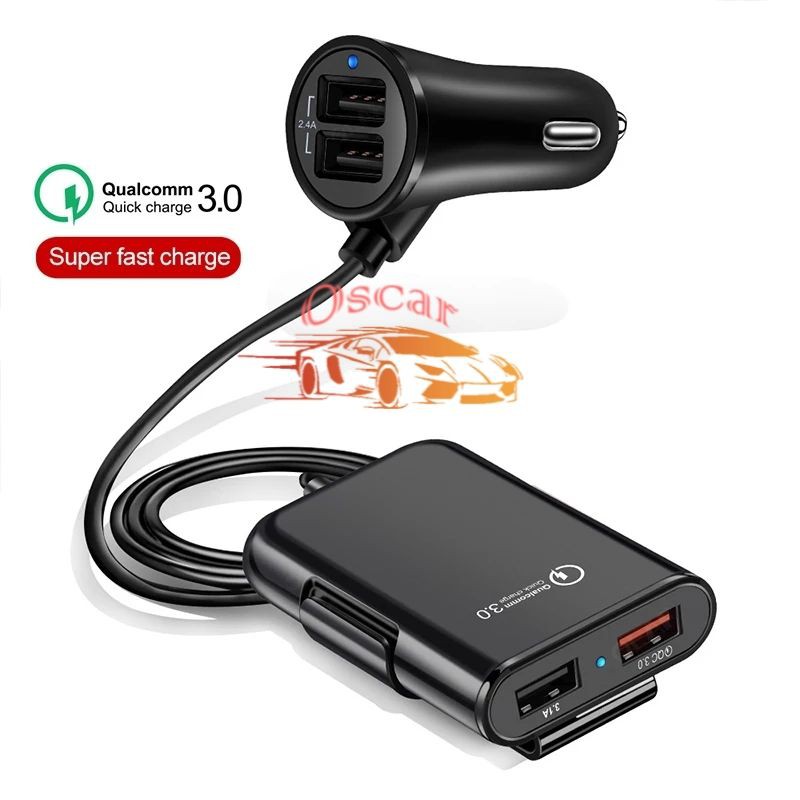 QC3.0 + 2.4A + 3.1A Charger Mobil Belakang Warna Hitam kabel 1.8m 4 SUB