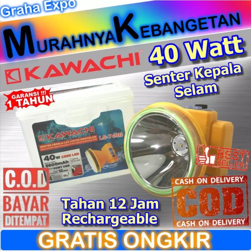 Senter Kepala LED Super Terang Kawachi 40W LS-740A Senter Kepala Selam Kawachi Senter Kepala Cas