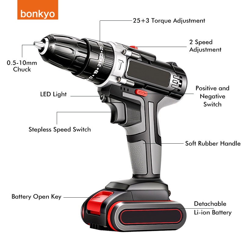 bonkyo 98VF  Bor baterai / Bor Tanpa Kabel / Bor Listrik 98Vf / Bor Listrik Set / Bor Tangan Listrik / mesin Bor baterai