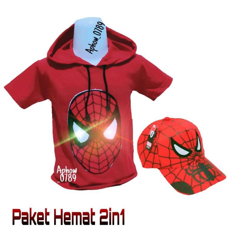 2IN1 PAKET HEMAT KAOS HOODIE ANAK LED TOPI BORDIR SPIDERMAN