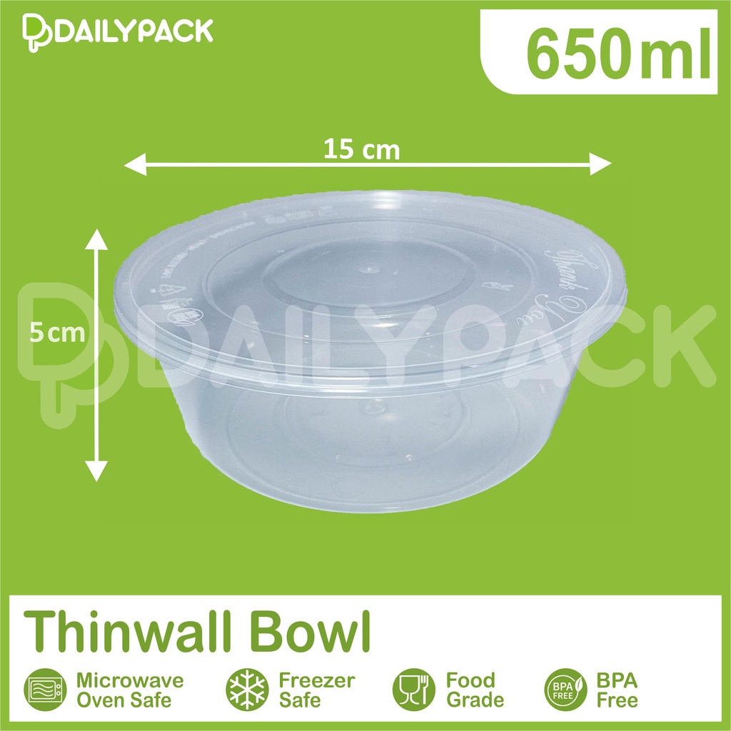 Thinwall BULAT 650 ml + tutup / BOWL / kotak makanan plastik / food container / Mangkok plastik baso bubur mie