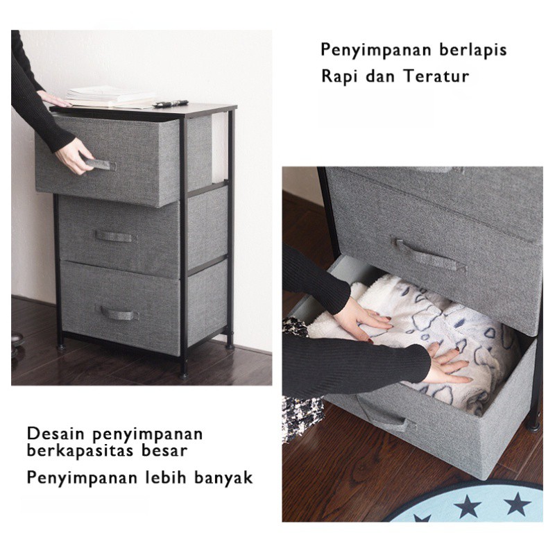 Lemari 3 Laci Kain Linen rak Penyimpanan lemari Sisi Ranjang GZ-2