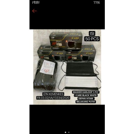 Masker I care hitam putih 3 ply isi 50pcs per box