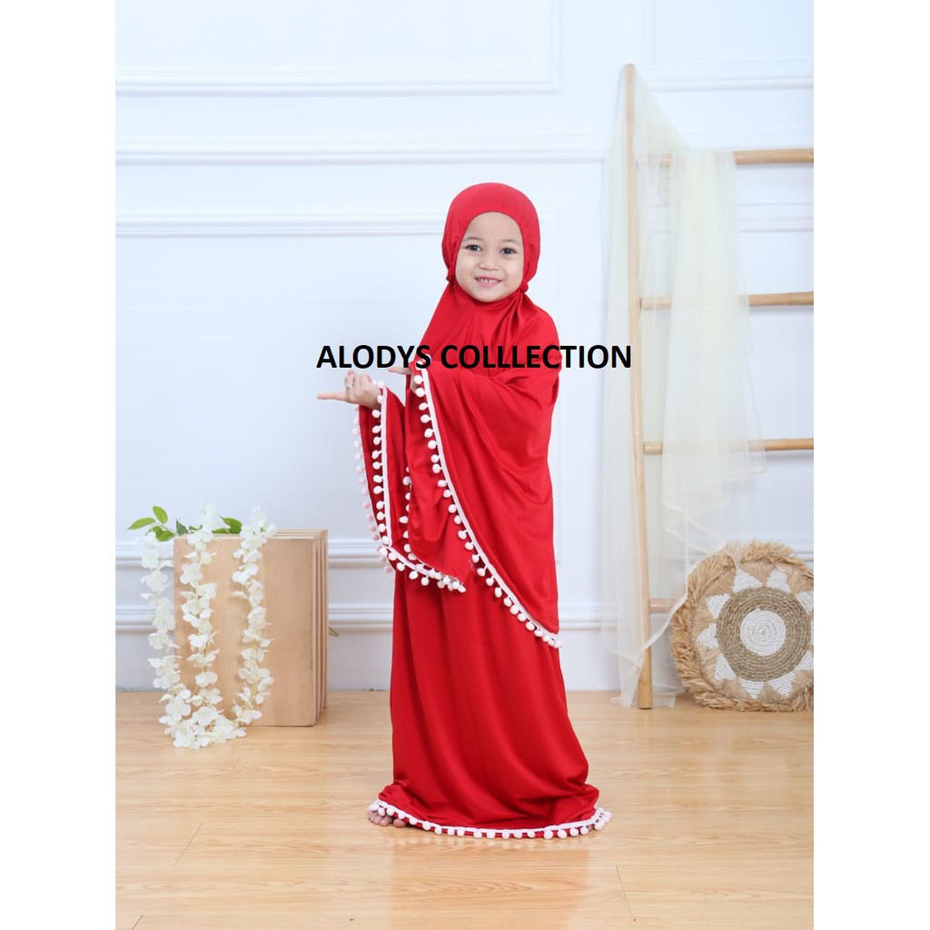 Mukena Anak Variasi Pompom Size M Usia 4-8 Tahun Bahan Jersey Termurah / Alody's Collection