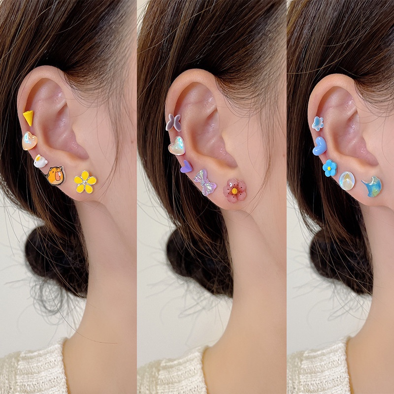 Set Anting Stud Desain Bunga Kupu-Kupu Hati Mutiara Warna-Warni Untuk Wanita