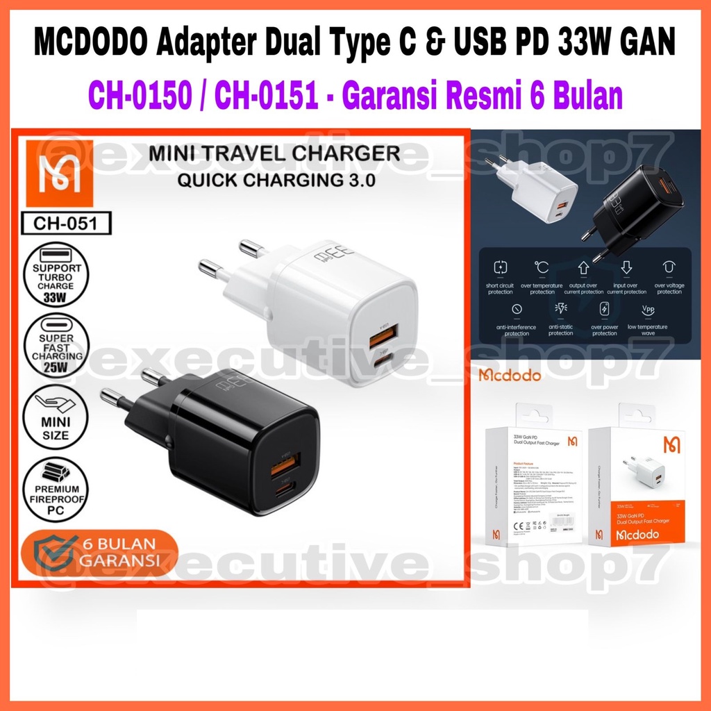 MCDODO Adapter Dual Type C &amp; USB PD 33W GAN - CH-0150 / CH-0151 - Garansi Resmi 6 Bulan