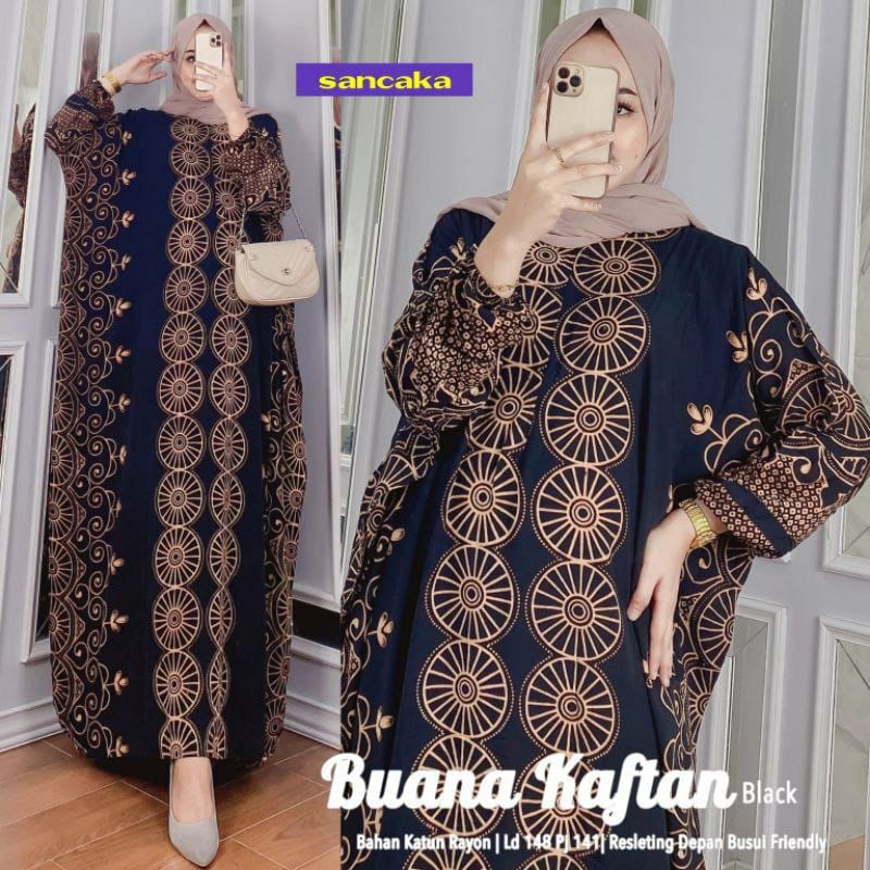 Buana Kaftan Wanita Jumbo XXXXL Motif Roda Lengan Panjang Busui Resleting / Gamis Rayon Jumbo Kaftan Terbaru