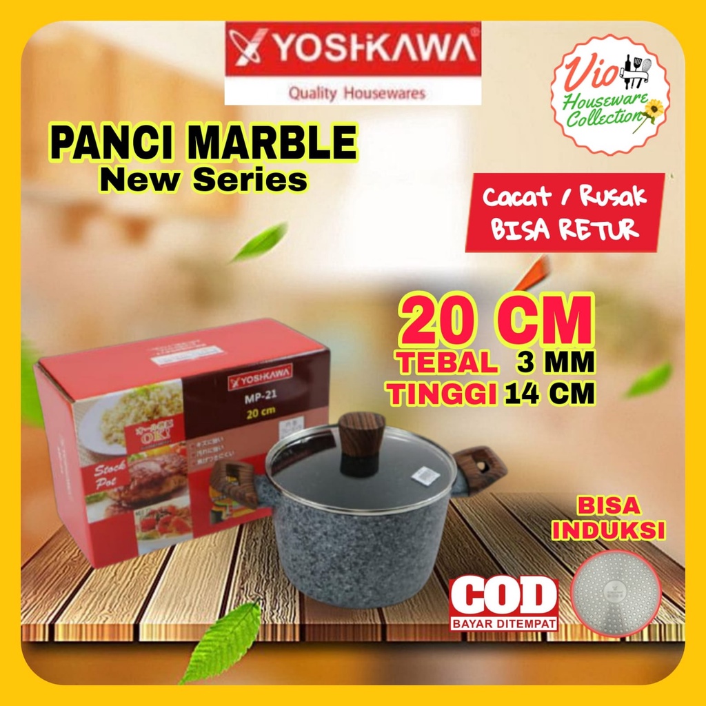 Yoshikawa Panci Keramik Marble Anti Lengket 20cm Tinggi Serbaguna Tutup Kaca | Panci Granit Mpasi