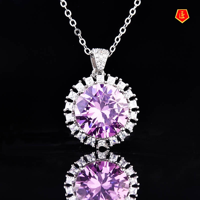 [Ready Stock]10 Karat Shiny Diamond Pendant Luxury Colorful Gemstone Necklace for Women