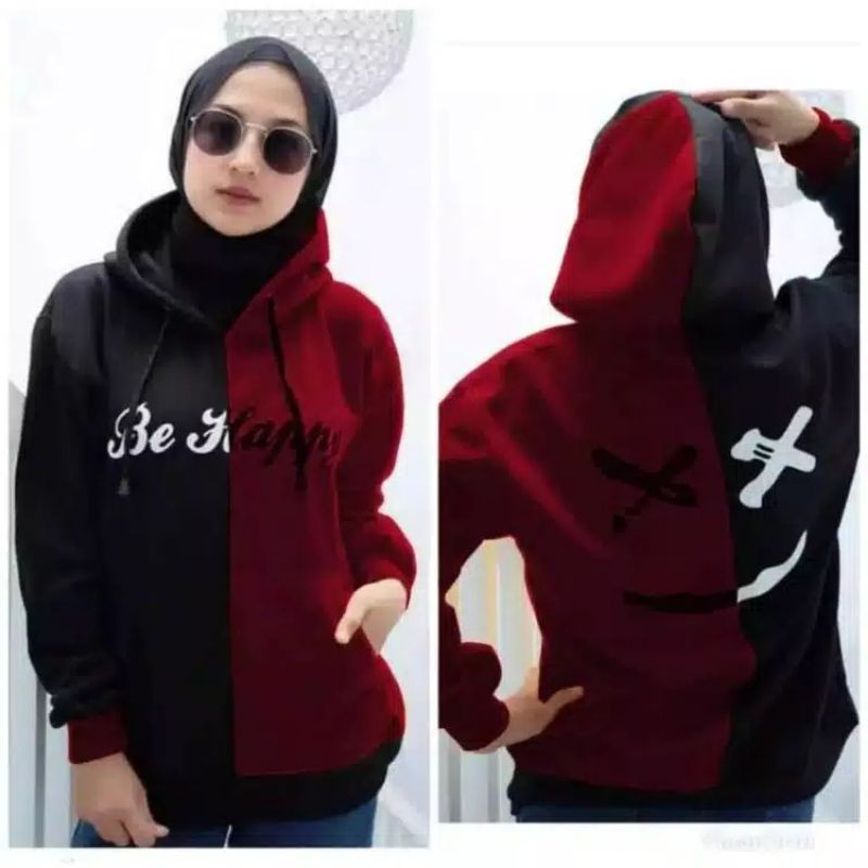 TERBARU sweater hoodie wanita be happy marshmellow good quallity-maroon/hitam be happ