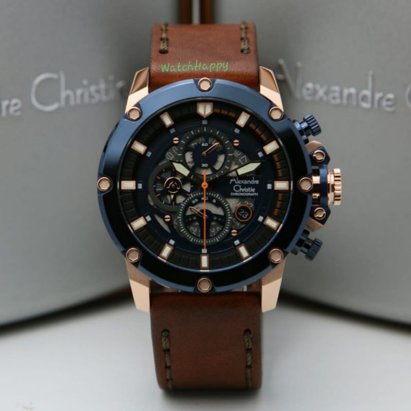 Alexandre Christie AC 6564 MC AC6564 MC 6564MC AC 6416 Men Watch BlueRose Leather Brown 100%Original