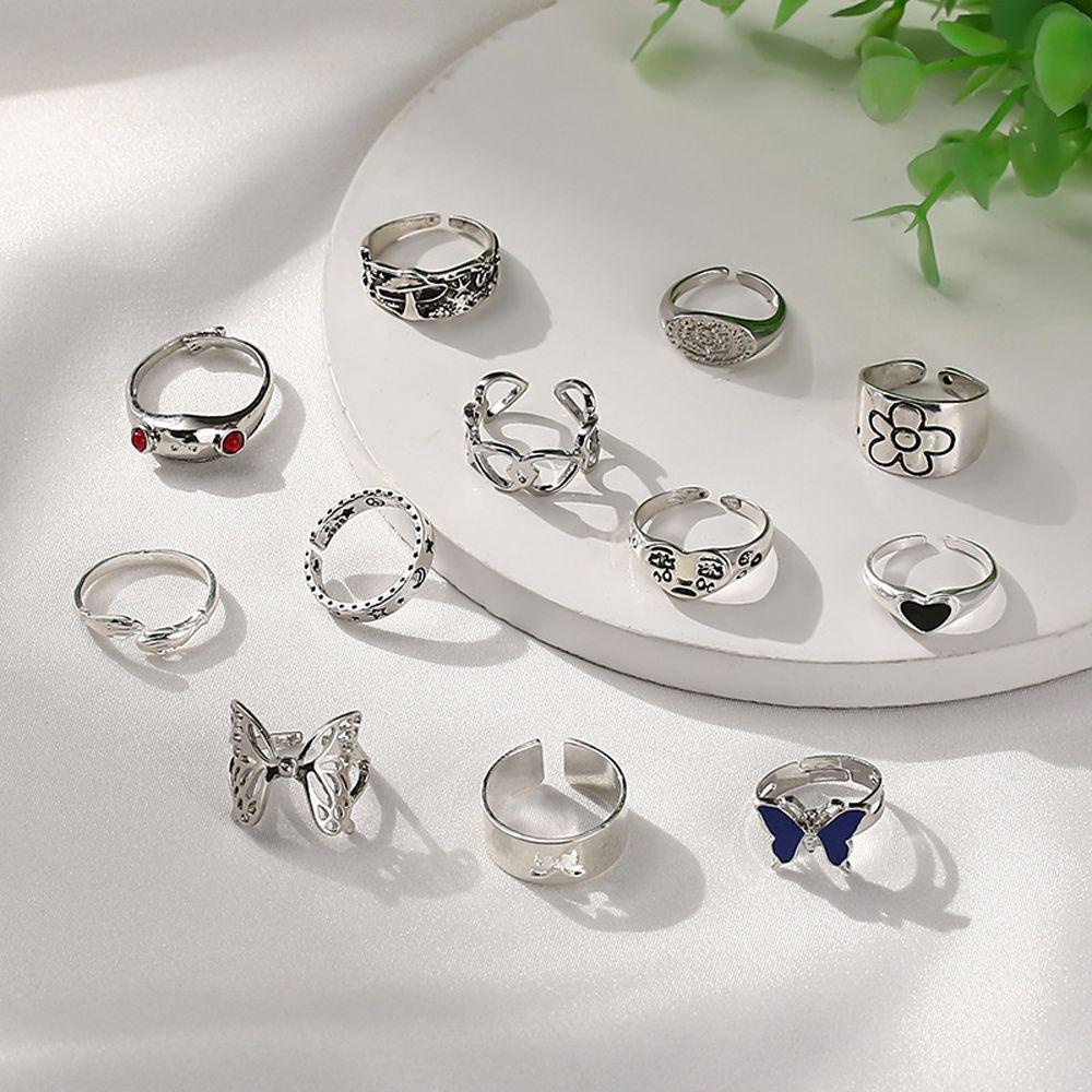 10pcs / set 12pcs / set Cincin Jari Desain Wajah Bintang Butterfly Bahan Alloy Gaya Vintage Korea Untuk Pasangan