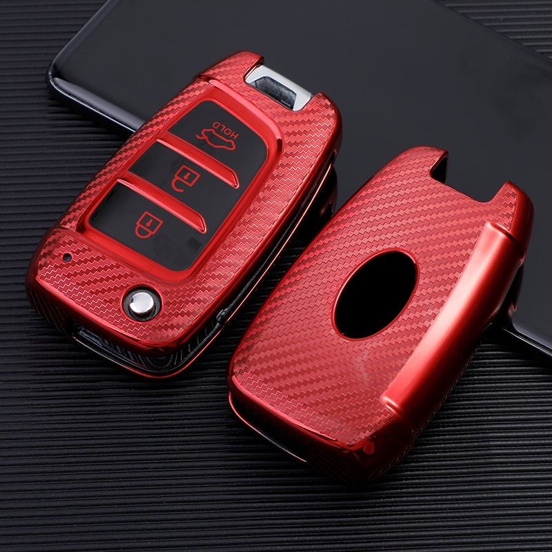 Casing Kunci Mobil Model Flip Bahan Carbon Fiber TPU Untuk Hyundai Elantra Solaris Tucson i30 i35 i40 KONA Genesis Santa Fe Azera