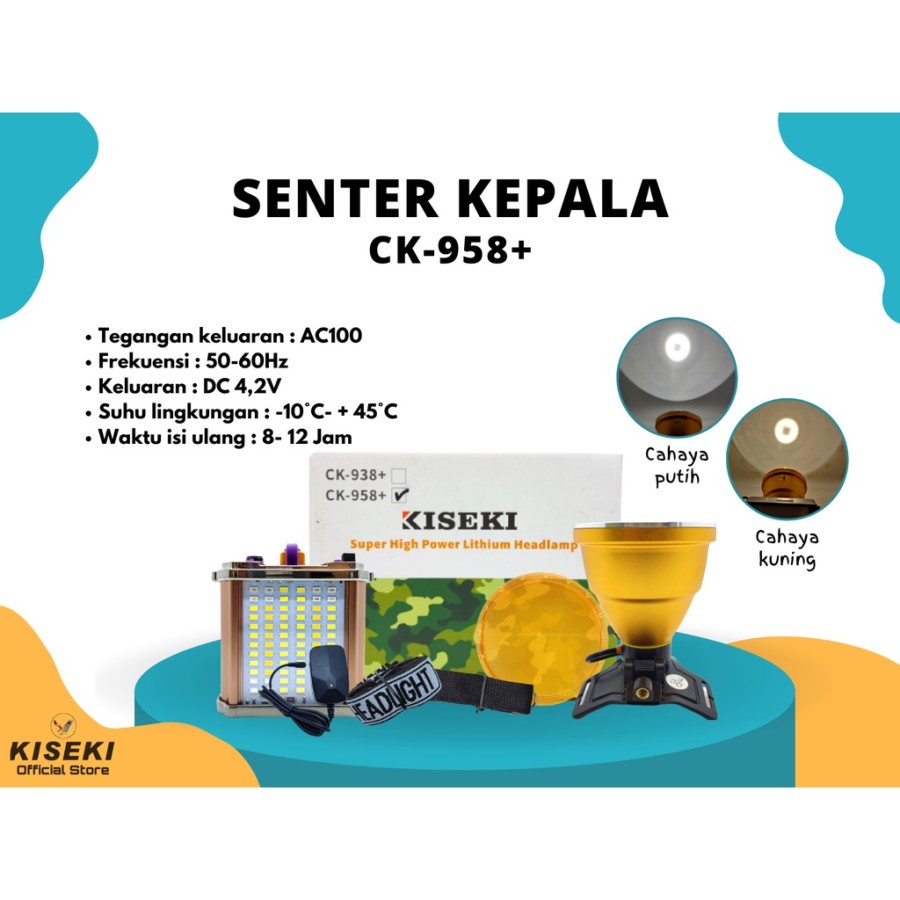 COD Senter Kepala KISEKI 150 WATT CK-958+ Bonus Aki Emergency CAHAYA PUTIH DAN KUNING 150 WATT