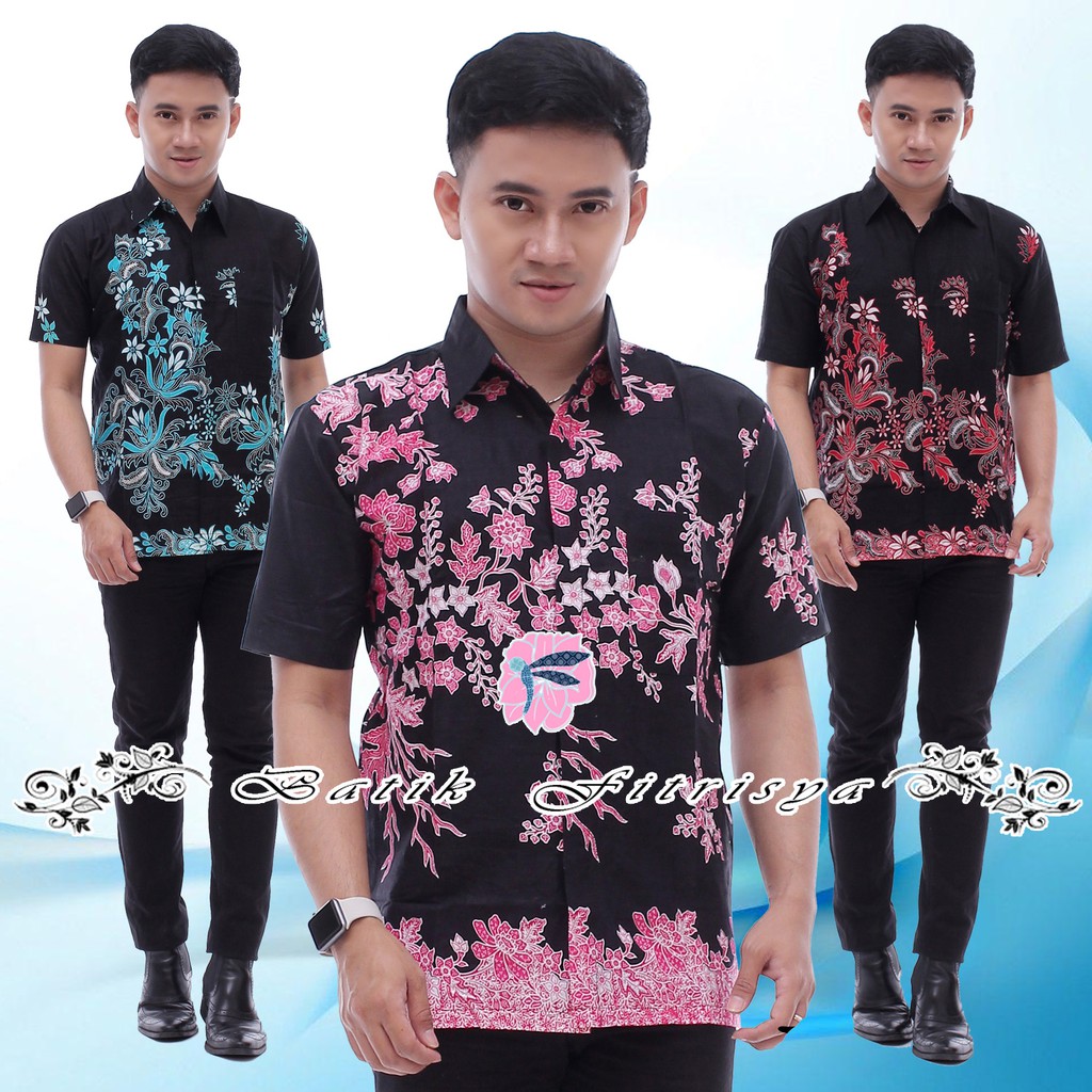 Hem Batik Pendek - Corak BUNGA SAKURA PINK MERAH HIJAU BATIK PRIA MURAH LARIS - Istana Koko