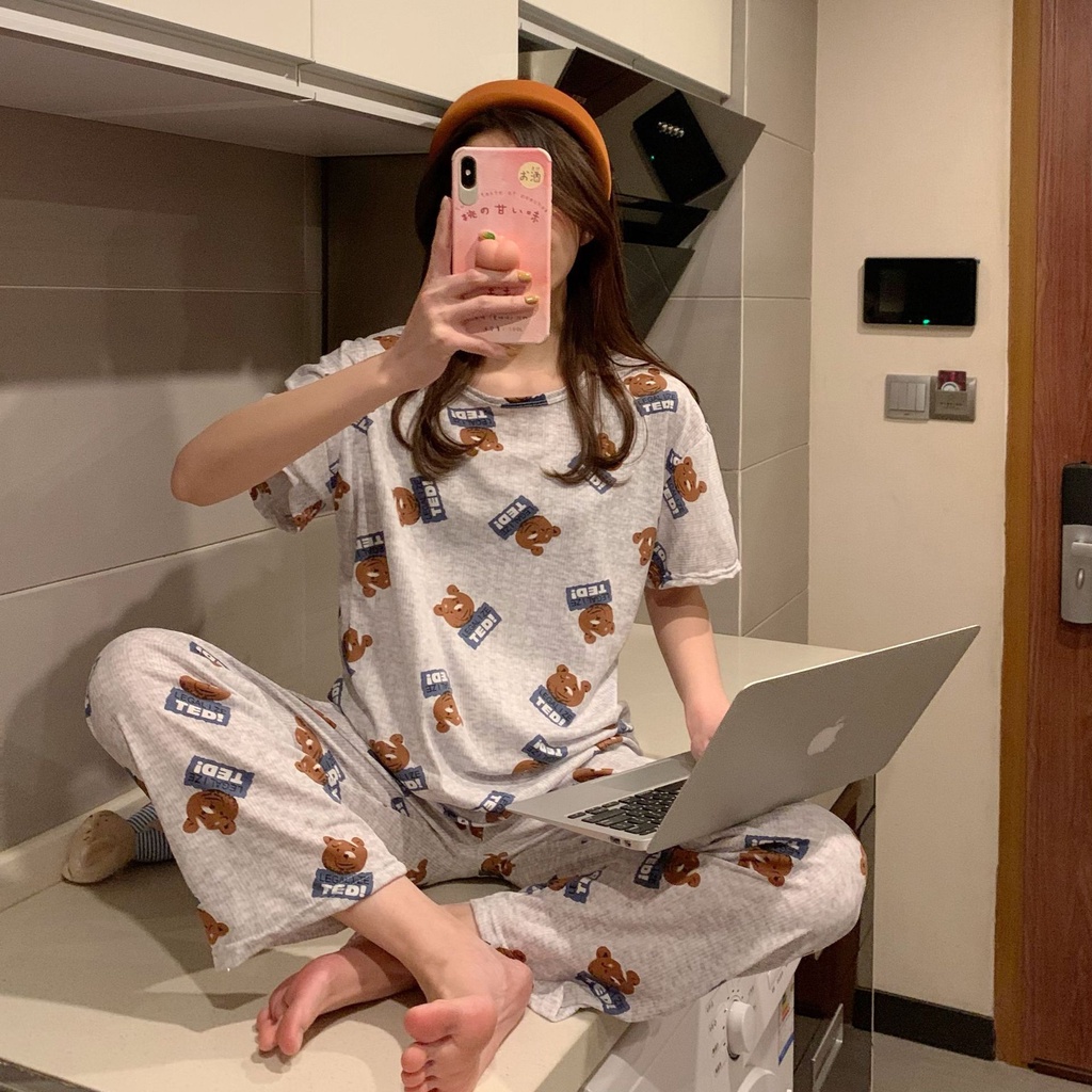 UNNY.ID Baju Setelan Piyama Import Lengan Pendek Celana Panjang Baju Rumah Baju Tidur Wanita Motif Kartun-Teddy Gray