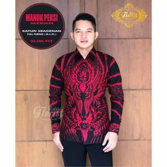 Batik Pria Solo | Manuk Peksi Merah Lengan Panjang Slim Fit Lapis Furing | By Batik Florist