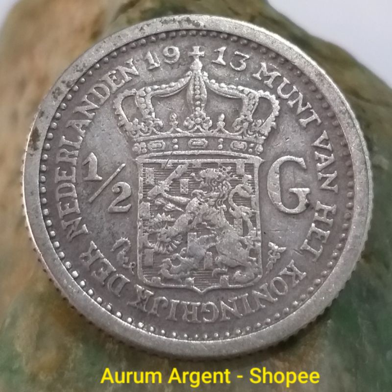 SWILH0.5G-8.. 1 PC KOIN PERAK KUNO ASLI 1/2 GULDEN WILHELMINA TH.  1913. -- SILVER COIN --