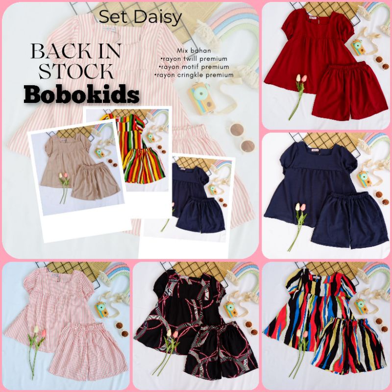 Set Setelan Pakaian Baju Celana Rayon Crinkle Premium Motif Anak Perempuan Cewek Bobokids Daisy Usia 1 2 3 4 5 6 7 Tahun