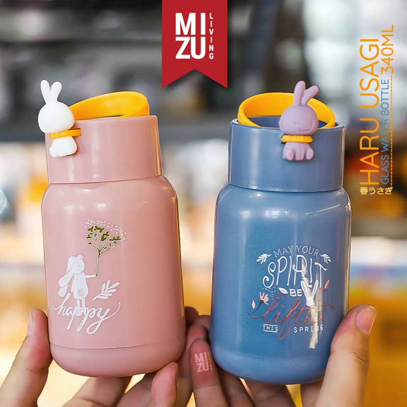 MIZU HARU USAGI Glass Water Bottle Botol Air Minum Kaca BPA-Free Tumbler Kelinci Anak