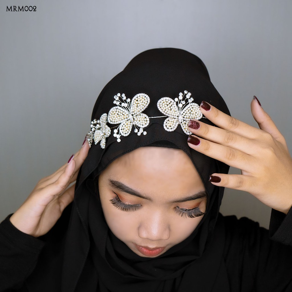 [SIAP KIRIM] WEDDING TIARA HIJABERS ACESORIS KUPU KUPU SILVER MRM002