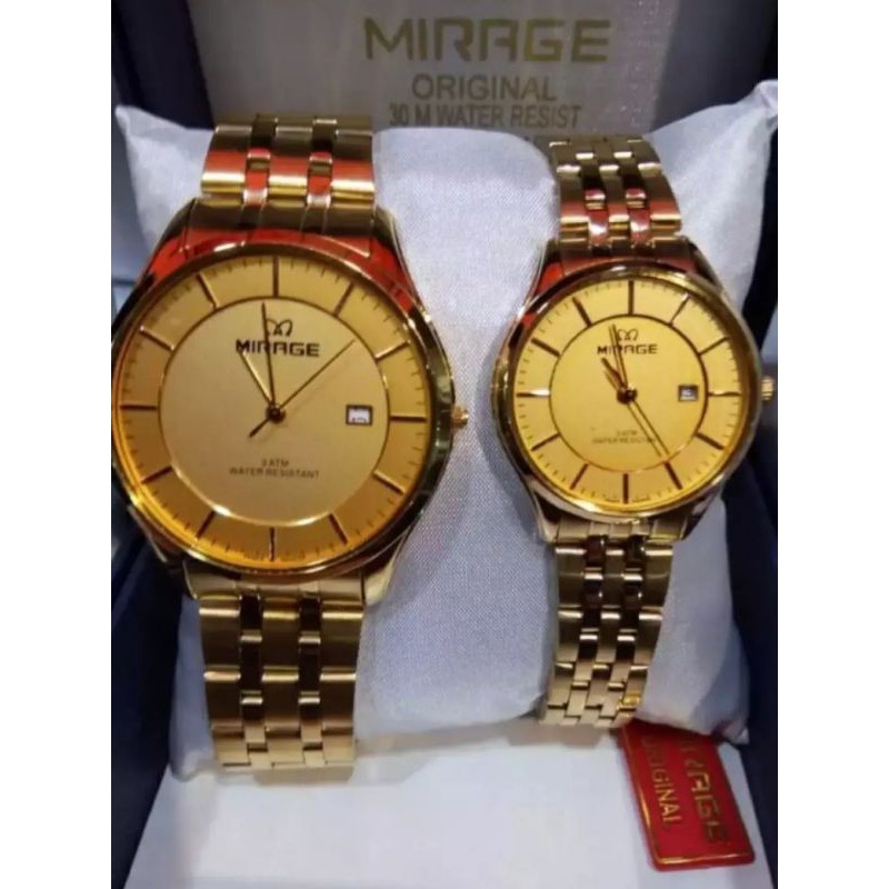 jam tangan couple;MIRAGE M8544BRP-Lgold~ORIGINAL WATER RESISTANT~TGL~STAINLEES