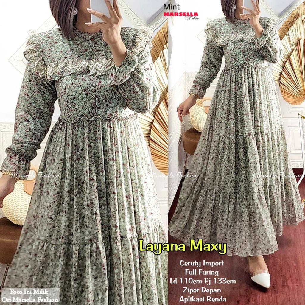 LAYANA MAXY BY MARSELLA BAHAN CERUTY IMPORT FULL FURING GAMIS WANITA BUSUI ABAYA MOTIF BUNGA BAJU MU