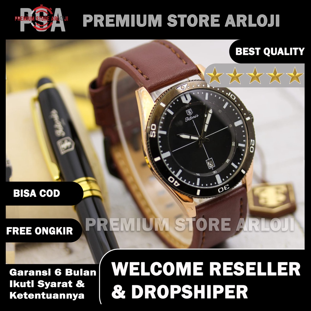 Grosiran Jam Tangan Pria Tetonis Original 43185EV Analog Tali Kulit Tanggal Aktif Free Box Ori Pulpen &amp; Baterai (BISACOD)