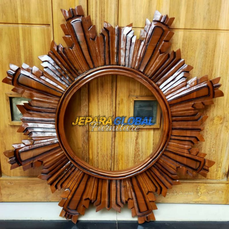 Figura Cermin ukir jati matahari robot (frame ukir,kaca dinding,cermin jati,kaca rias jati )