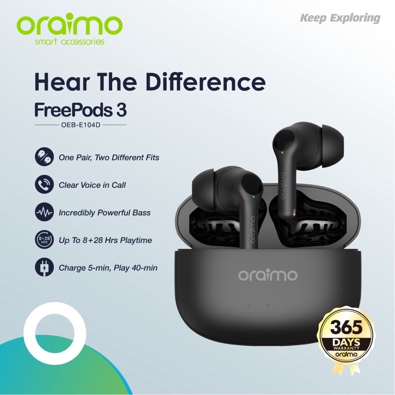 Oraimo OEB-E104D Freepods 3 TWS Bluetooth Earphone v5.2 Wireless Handsfree Headset - Garansi 1 Tahun