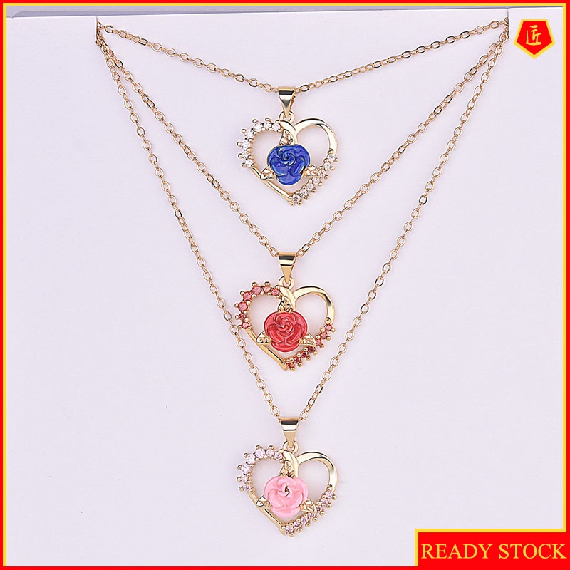 [Ready Stock]Creative Diamond Zircon Rose Heart-Shaped Pendant New Fashion