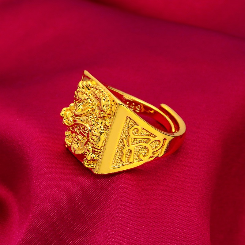 Cincin Emas Asli Kadar 375 Model Terbuka Dapat Disesuaikan Desain Naga Timbul Untuk Pria
