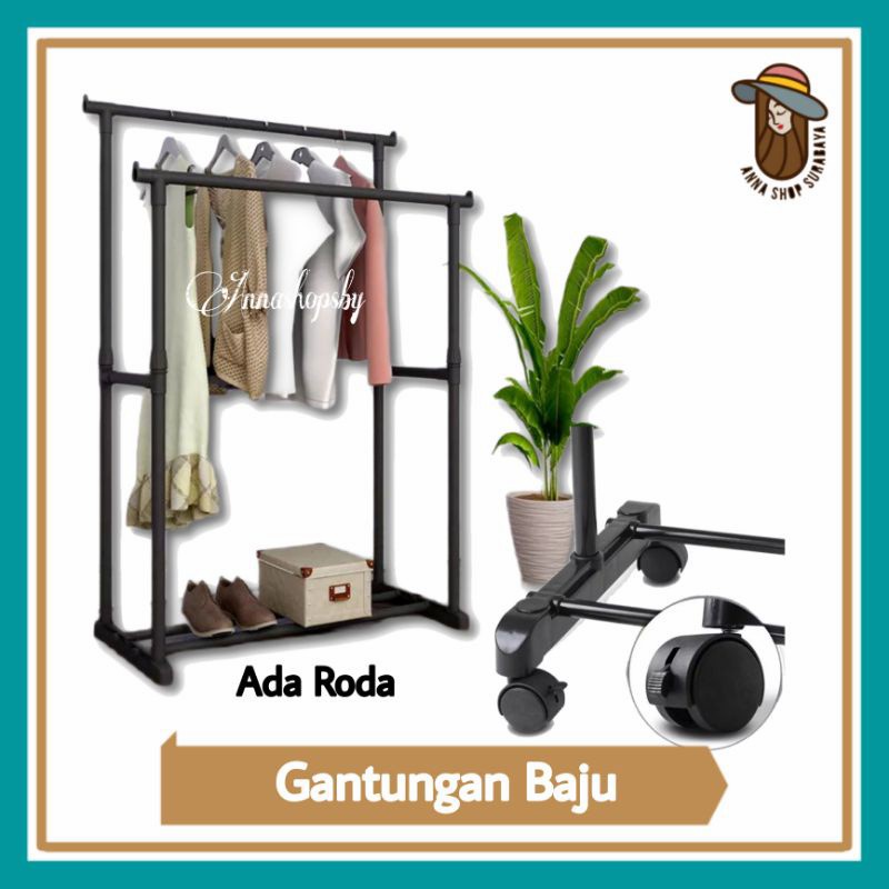 stand hanger gantungan baju besi stainless double pole besi ganda 4 roda