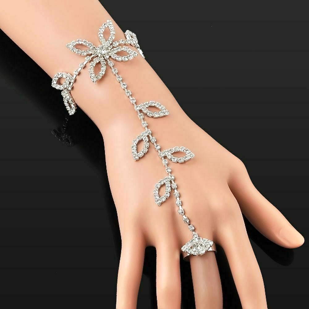 Gelang sambung cincin daun mata diamond aksesoris dewasa remaja perempuan esthetic kelihatan elegan mewah rhinestone stone fashion silver putih emas gold