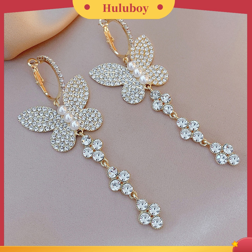 Hu Hu Hu Hu Hu Alat Bantu Pasang Kacamata♡ 1 Pasang Anting Kait Gantung Mutiara Berlian Imitasi Bentuk Kupu-Kupu Untuk Wanita