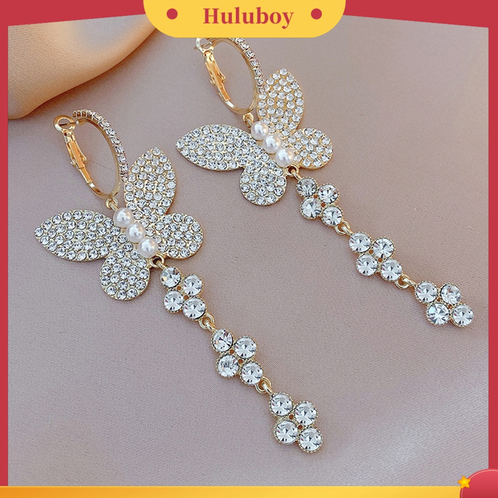 Hu Hu Hu Hu Hu Alat Bantu Pasang Kacamata♡ 1 Pasang Anting Kait Gantung Mutiara Berlian Imitasi Bentuk Kupu-Kupu Untuk Wanita