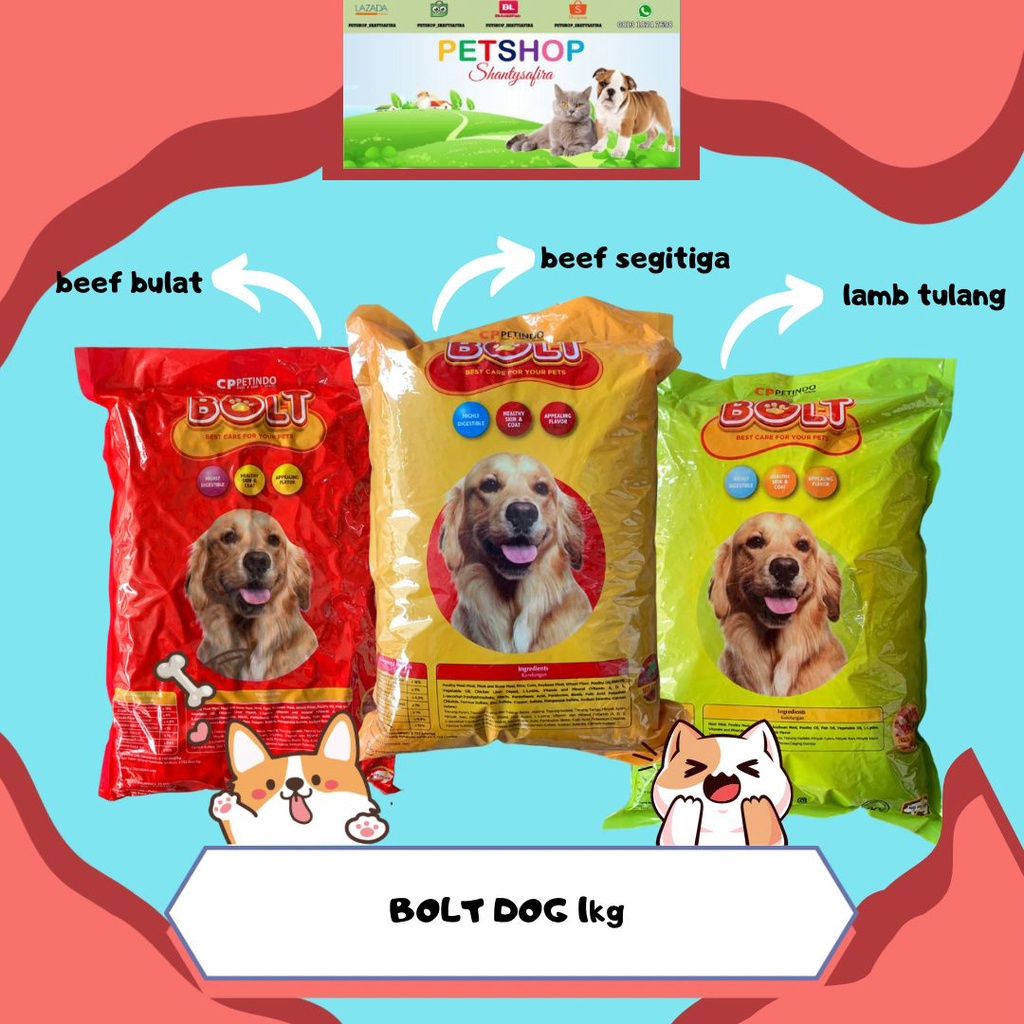 MAKANAN ANJING BOLT DOG FOOD 1KG / BEEF / LAMB