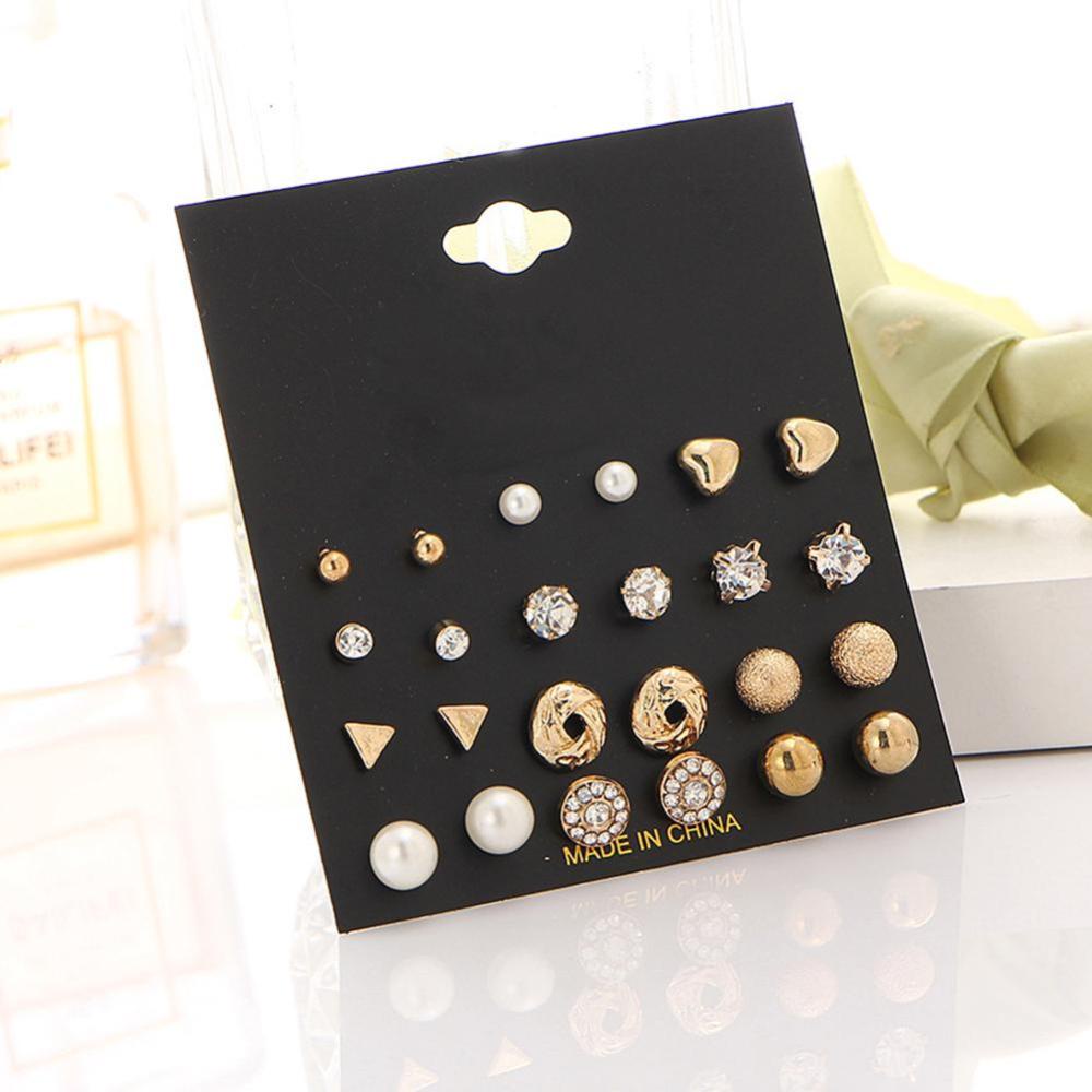 Timekey 12 Pasang / Set Anting Tusuk Desain Geometri Hias Zircon + Mutiara Untuk Wanita A9K4