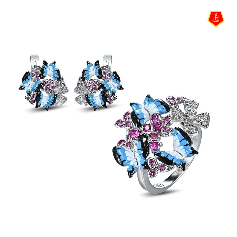 [Ready Stock]Three Butterfly Micro-Inlaid Gem Earrings Enamel Ring Set