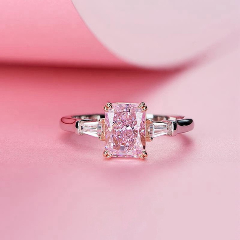 Cincin Silver Hias Berlian Zirkon Bentuk Kotak Warna Pink Untuk Wanita