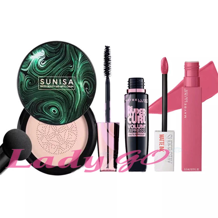 Paket kecantikan wajah Bedak Sunisa Natural BB Cream Cushion Plus Maskara maybeIIine &amp; Lipcream Supersty MaybeIIine Original