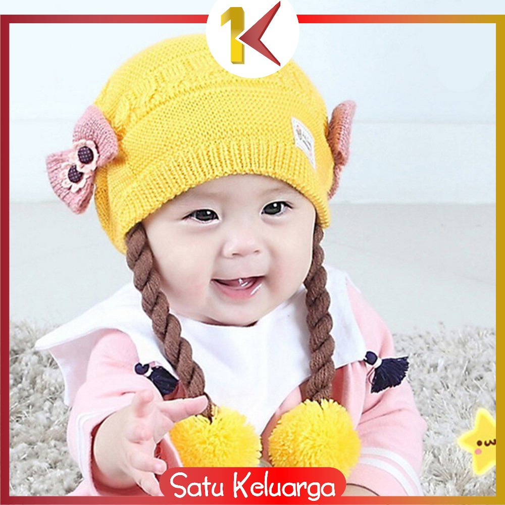 SK-P19-21 Topi Anak Perempuan Rambut Kepang / Topi Bayi Kupluk Rajut Imut Lucu / Baby Hat Wig Impor-8