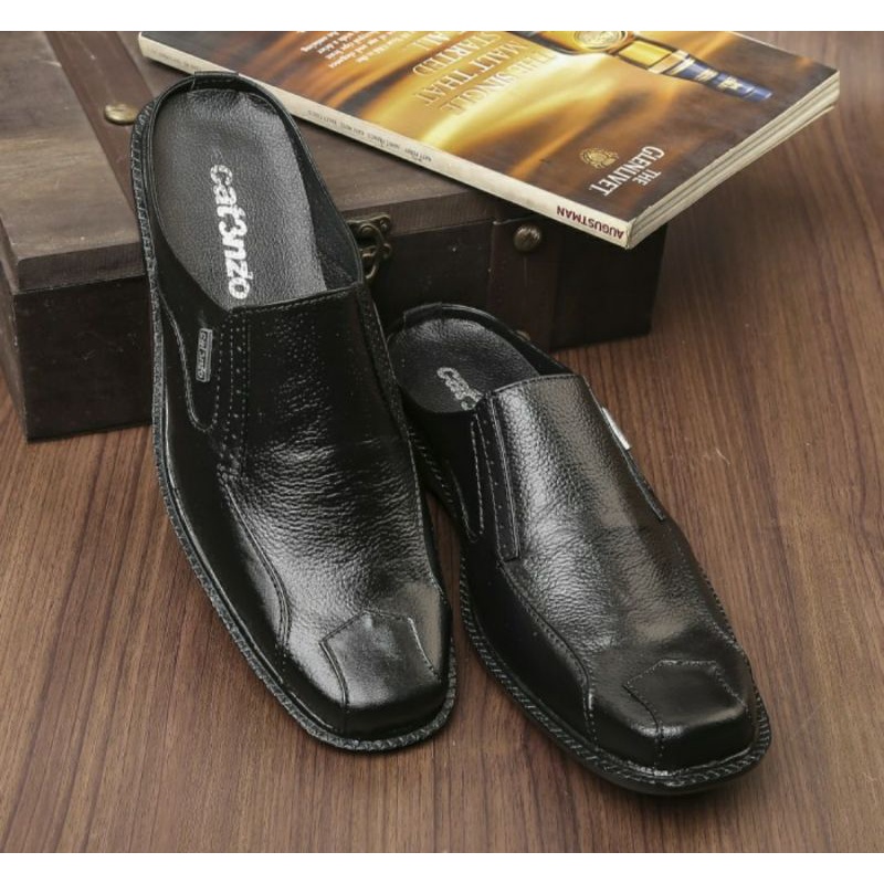 Sepatu Sendal Formal / Bustong Kerja Pesta Pria KULIT Asli Hitam, 39