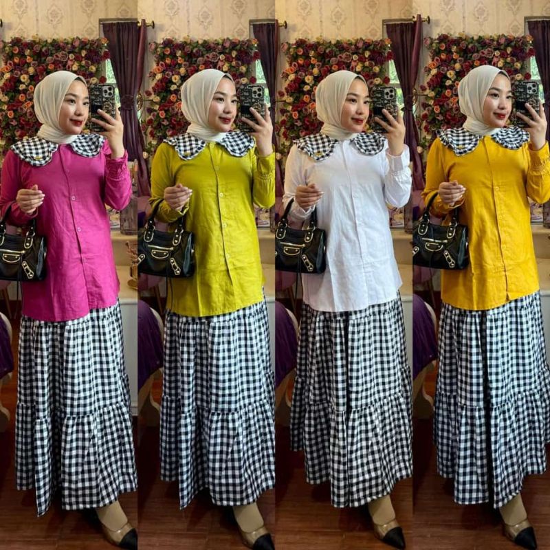 Set Rok Kotak Haruka Kemeja//Setelan Rok Kotak//Setelan Rok Kemeja Linen XL