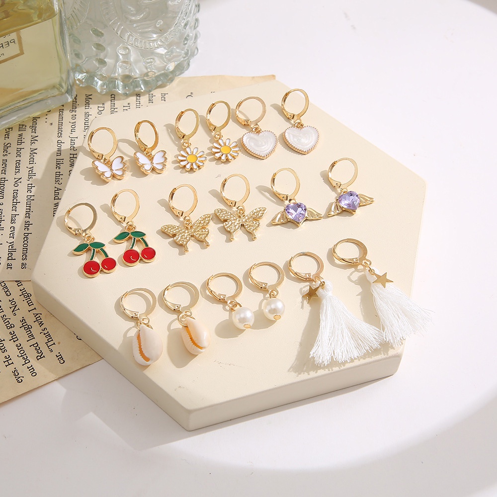 9 Pasang Anting Tusuk Gantung Wanita Model retro Butterfly + Bunga + Rumbai Mutiara